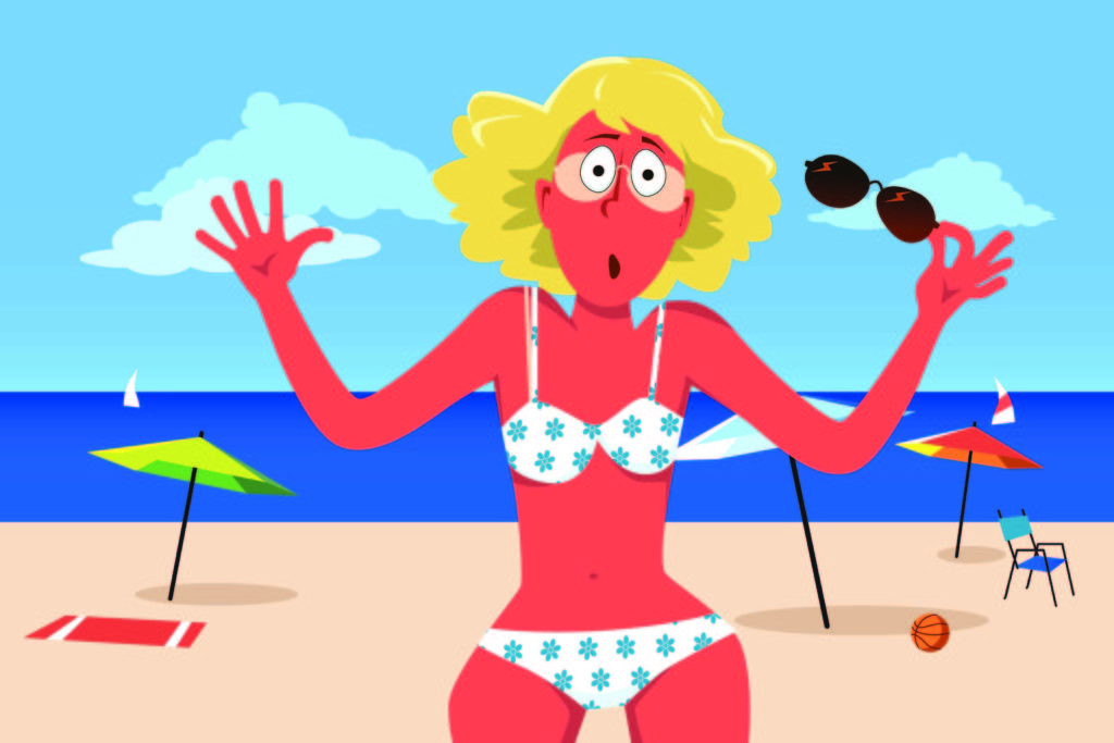 Cartoon sunburned lady shows the effects of being in the sun for too long at a Florida beach with no sunscreen.